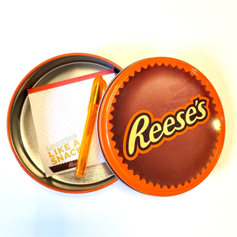 Reese's Orange and Brown Tin with Notepad and Mini Pen